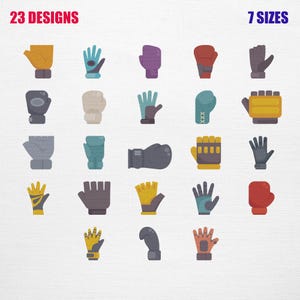 May include: A collection of 23 glove designs in various colors and styles, including full-finger, fingerless, and boxing glove variations, arranged in a grid with the text 23 DESIGNS and 7 SIZES displayed at the top against a white background.