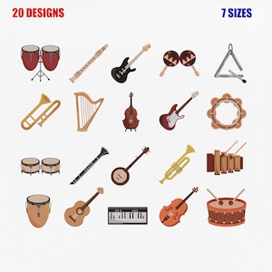 Puede incluir: Una colección de 20 ilustraciones de instrumentos musicales dispuestas en una cuadrícula, incluyendo tambores, guitarras, arpa, trompeta, trombón, flauta, clarinete, teclado de piano, pandereta, triángulo, maracas y xilófono, con el texto 20 DESIGNS y 7 SIZES.