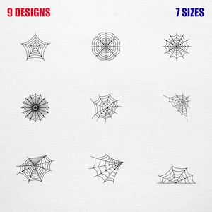May include: A digital collection of nine black spider web illustrations arranged in a grid. The text 9 DESIGNS appears in red at the top left, and 7 SIZES appears in blue at the top right. Each web features a distinct geometric pattern.