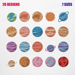 May include: A digital collection of 20 designs and 7 sizes featuring various circular planet and sun illustrations. The graphics include diverse color palettes, swirling patterns, and ringed celestial bodies set against a white background.