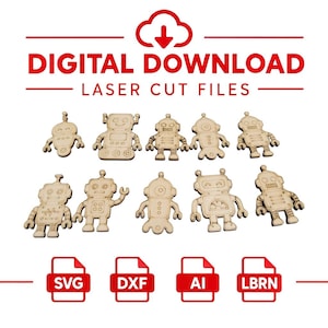 Puede incluir: Un conjunto de descarga digital de archivos de corte láser con diez formas de robots de madera de color claro. La imagen incluye el texto DIGITAL DOWNLOAD LASER CUT FILES e iconos de formato de archivo SVG, DXF, AI y LBRN en color rojo.