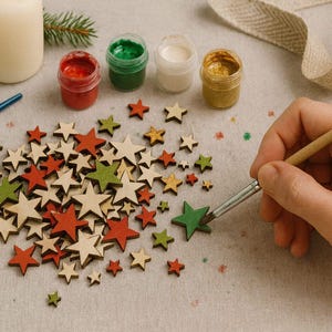 Può includere: Una collezione di piccoli ritagli di stelle in legno con finiture naturali, rosse e verdi, accompagnati da quattro piccoli barattoli di vernice rossa, verde, bianca e dorata, un pennello blu e un pennello che applica vernice verde su una stella.