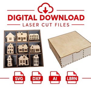 May include: Digital download laser cut files featuring a wooden box with nine compartments, each containing miniature wooden house models. The text reads DIGITAL DOWNLOAD LASER CUT FILES, SVG, DXF, AI, and LBRN. The box is light brown wood.