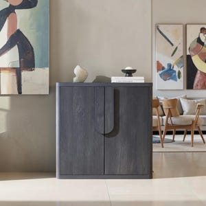 May include: A dark gray wooden cabinet with two doors featuring integrated vertical handles. The cabinet has a visible wood grain texture and rounded corners. On top of the cabinet sits a small white textured sculpture and a stack of white books.