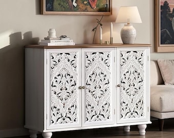 Handmade Boho Carved Accent Cabinet Farmhouse Storage Sideboard Buffet Console Table