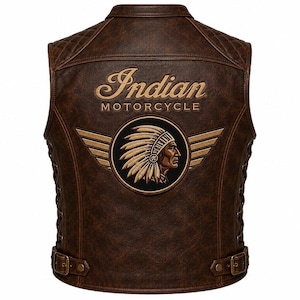 Herr Indian motorcykelväst i läder med broderad logotyp och äkta kohud