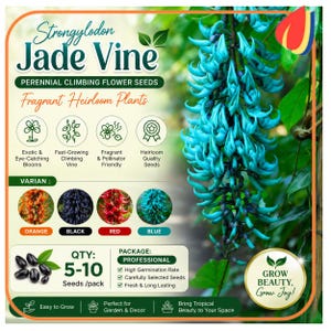 Puede incluir: Paquete de semillas de flores trepadoras perennes Strongylodon Jade Vine con un racimo de flores azul turquesa en forma de garra. La etiqueta muestra textos como "Jade Vine", "Fragrant Heirloom Plants" y "5-10 Seeds/pack" con iconos.