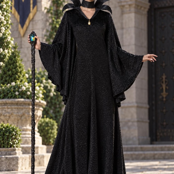 Maleficent cosplay costume, Dark Witch Queen dress, Gothic Vampire Queen costume, Halloween villain cosplay, Fantasy Witch dress