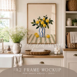 A2 Frame Poster Mockup, Realistic Oak Frame Mockup, Vertical Wall Art Mockup, PSD and JPEG
