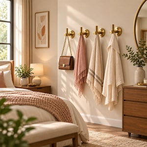 Op de afbeelding: Vier wandhaken van geborsteld messing, gemonteerd in een horizontale rij op een lichte muur. Elke haak heeft een ronde basisplaat en een cilindrische pin. De haken dragen een bruine leren handtas, een roze textiel met franjes en twee crèmekleurige handdoeken.