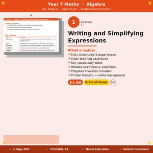 May include: A Year 7 Maths Algebra lesson plan titled Writing and Simplifying Expressions. The document includes learning objectives, a key vocabulary table, and a list of contents such as a 4-page lesson, worked examples, exercises, and a progress checklist.