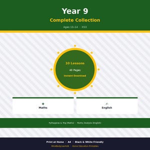 May include: A Year 9 Complete Collection educational document featuring 10 lessons and 40 pages. The design includes a central yellow circle with stars, sections for Maths and English, and text indicating it is an instant download for ages 13-14.