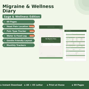片頭痛日記 ウェルネス版 | 印刷可能なPDF | フレンドリーフェイススケール | シンプルな日誌 | 健康日記 A4およびUSレターサイズ | セージグリーン