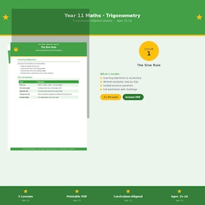 May include: A green and white educational document titled Year 11 Maths Trigonometry. It features a lesson on The Sine Rule with learning objectives, key vocabulary, and a list of contents including guided practice questions and a worksheet.