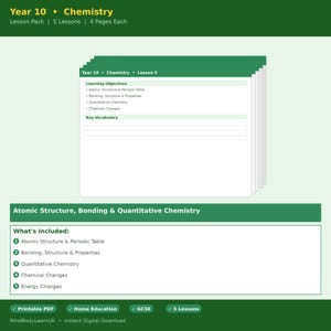 May include: A Year 10 Chemistry lesson pack featuring five lessons, each four pages long. The document includes learning objectives for atomic structure, periodic table, bonding, structure, properties, quantitative chemistry, and chemical changes.