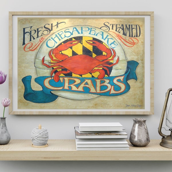Steamed Chesapeake Crabs Art Print I Great gift, Beach House, Maryland Art, Chesapeake Bay Hand Painted and Lettered Vintage Sign