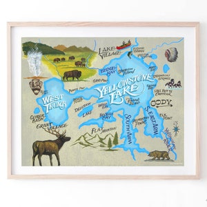 May include: A hand-painted map of Yellowstone Lake in Wyoming, featuring a blue lake with a light brown background. The map shows the lake's different arms, including the South Arm, the East Arm, and the West Thumb. The map also includes various landmarks, such as the Fishing Bridge Visitor Center, the Grant Village, and the Cody area. The map is surrounded by a light brown frame.