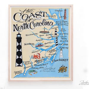 Outer Banks-Lighthouses Map of NC  Print| Beach House Decor| North Carolina Beach |Travel Map, Coastal Art | OBX |Hatteras| Gift| Wall Decor