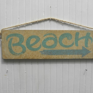 Beach House Sign| Beach Wall Art, hand painted on a tan background with an arrow & rope hanger| Wooden Beach Sign| Beach House Decor| Gift