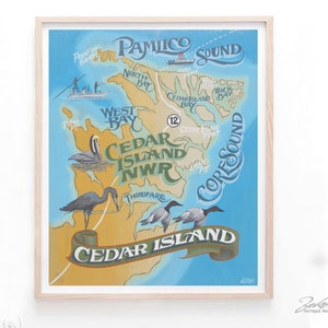 Cedar Island Map Print from an original hand painted & lettered sign. North Carolina art, OBX, Beach Decor, Travel Map Art image 1