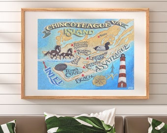 Chincoteague Island Virginia Map Print | Beach House Decor | Travel Vacation Destination Map | Virginia Wall Art | Horse Wall Art | Gift