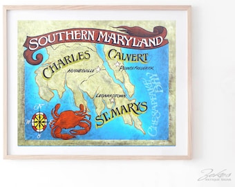 Southern Maryland map Print . Travel Map, Home Town Art, Home State Art, Beach House Decor