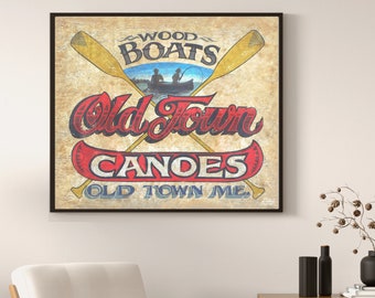 Old Town Canoe Boating Print from an original hand painted and lettered sign. Beach House Decor, Man Cave, Boat Art, Camping, river lake art
