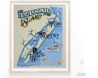 Topsail Island North Carolina Beach Map Print | Beach House Decor|Travel and Vacation Map | Hand Painted Wall Decor | North Carolina Art