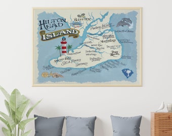 Hilton Head Island Map Print | Beach House Decor | South Carolina | Travel Map | Lighthouse