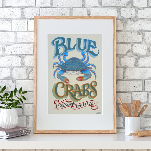 Blue Crab Print from an original hand painted and lettered sign| Seafood Wall Art| Vintage style Decor | Beach House Decor| Beach Wall Art