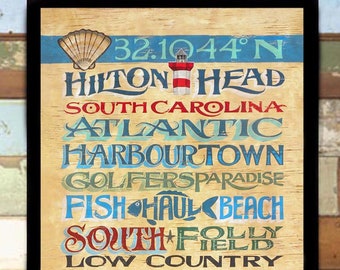 Art PRINT: Hilton Head Island Word, South Carolina art, Gift, Beach Decor, Home Decor, Atlantic, Harbourtown, fish, shell, Great Decor Piece