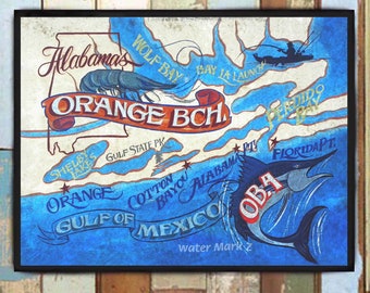 Orange Beach Alabama Retro Beach Map Print From An Original Etsy