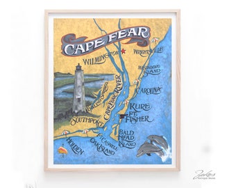 Cape Fear River North Carolina Map Print I Wilmington I NC Art I Wrightsville Beach I Bald Head Island I Brunswick Island