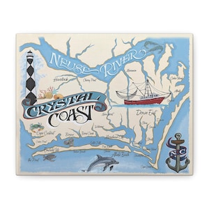 Art de la carte de Crystal Coast NC sur toile | Côte de cristal de Caroline du Nord | Art mural de galerie | Décoration murale | Décoration côtière de plage | Souvenirs de vacances