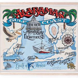 May include: A framed art print of the Alabama Gulf Coast. The artwork features a map with illustrations of a lighthouse, pelican, fishing boat, and other coastal elements. The words "Alabama Gulf Coast" are prominently displayed.