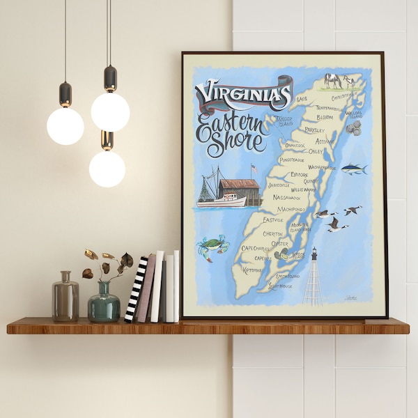 Virginia Eastern Shore Map style Print | Beach House Decor | Travel Map |  Chesapeak Bay Art | Wedding Gift Art | Beach House Decor |Eastern