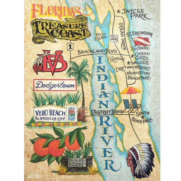 Vero  Beach Map PRINT . Beach Decor, Florida art / Gulfside, Vacation Travel Map, great gift