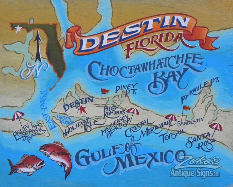 Destin Florida Beach Map Print from an original hand painted Etsy