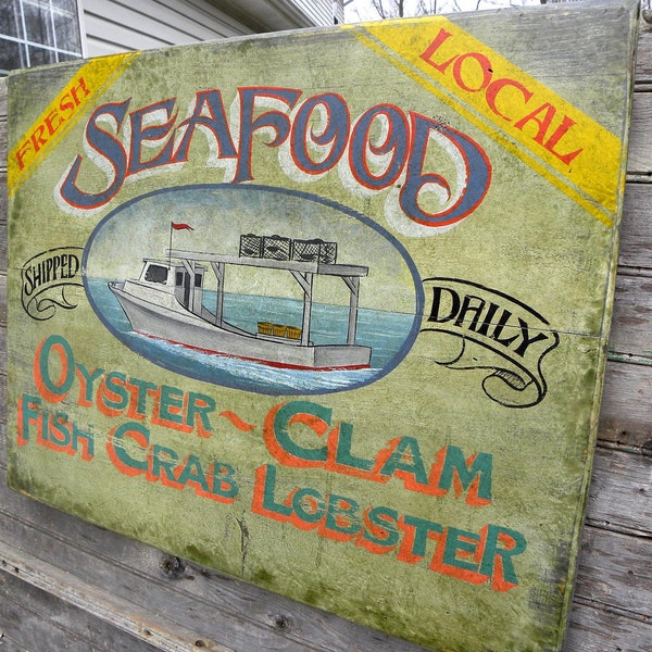 Seafood Sign, original art, wooden sign