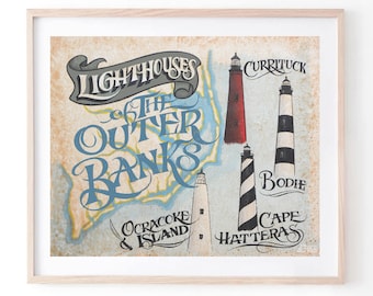 Outer Banks- Lighthouses of NC Vintage style Print . Beach House decor, North Carolina beach, Travel map, coastal Art, OBX, hatteras