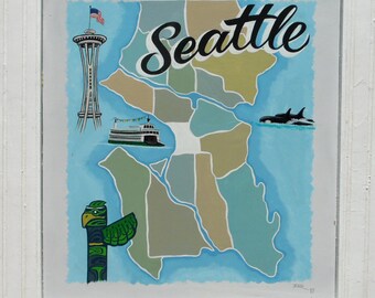Seattle Washington Map Art | Hand painted Wood Sign| Seattle Wall Art | Seattle Map Wall Art | Orca Wall Art | Seattle Needle Art | Wall Art