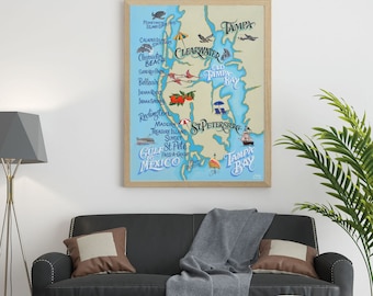 Clearwater Tampa Florida Beach Map Print  Beach House Decor, Florida art, Travel Map Art, Kids Family