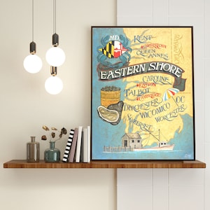 Maryland Eastern Shore Map PRINT  | Travel Map Art | Beach House Decor | Seafood Wall Decor | Maryland Wall Decor | Delaware Wall Decor|Gift