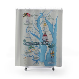 Chesapeake Bay Map Shower Curtains | Hand Painted Design printed on 71 x 74" Shower Curtain| Great Gift | Map Art Theme | Chesapeake Airbnb image 2