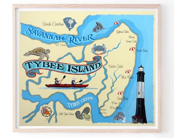 Tybee Island Georgia Beach Map Print. Georgia Art, Travel and Vacation Map  Art, Beach House 