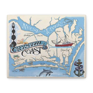 Crystal Coast NC-kaartkunst op canvas | Kristalkust van North Carolina | Galerijmuurkunst | Wanddecoratie | Strand kustdecor | Vakantieherinneringen