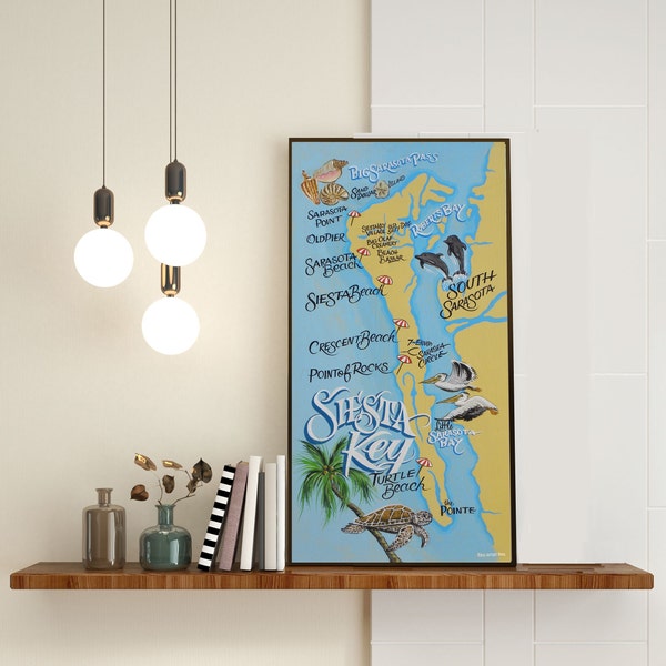 Siesta Key Florida Map Print from an Original Hand Painted & Lettered Sign| Beach Art | Coastal Print | Wall Decor | Wedding Gift SZ 10x20