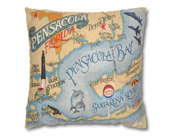 Pensacola Florida Map Art Pillow Cover | Beach Decor | Gift | Pensacola Landmarks | Pensacola Art | Perdido Key | Florida Vacation Decor