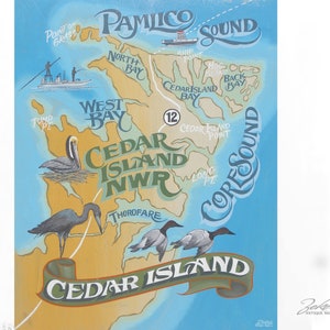 Cedar Island Map Print from an original hand painted & lettered sign. North Carolina art, OBX, Beach Decor, Travel Map Art image 2