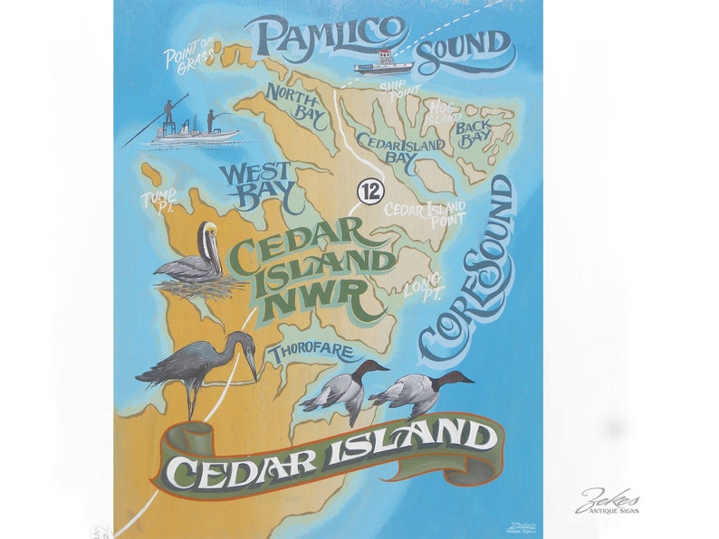 Cedar Island Map Print from an original hand painted & lettered sign. North Carolina art, OBX, Beach Decor, Travel Map Art image 2